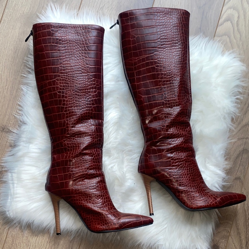 Elegant Brown Croc-Embossed Knee-High Boots